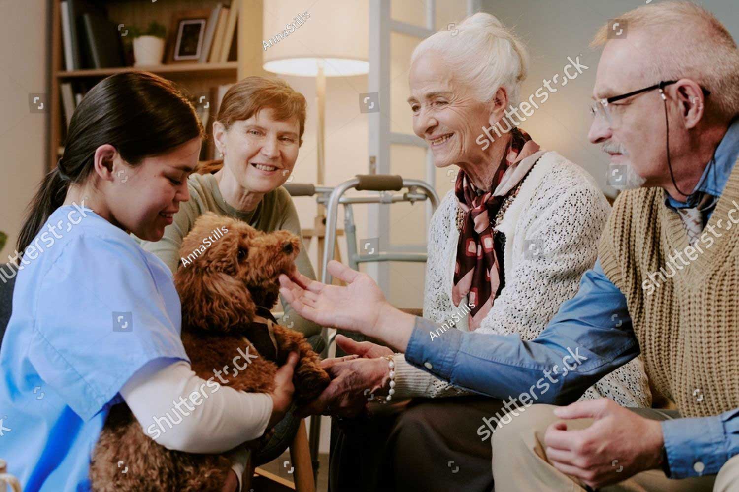 stock photo senior caucasian woman smiling while petting dog held by young adult hispanic female caregiver 2709648607